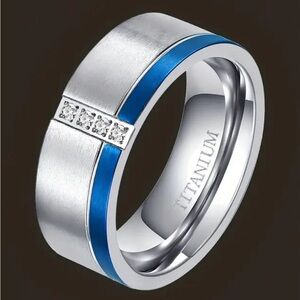 Men’s Titanium Ring With CZs and Blue Enamel